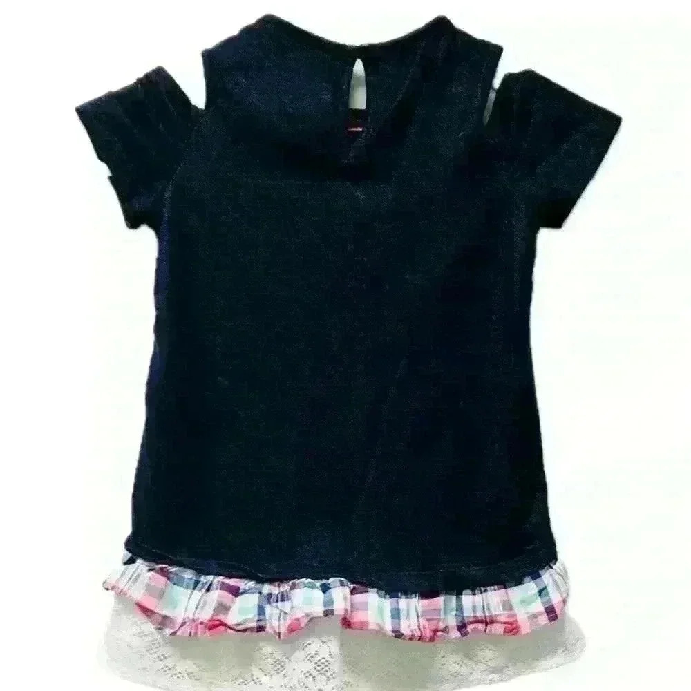 Emily Rose Cut Out Shoulder Girls Sz 5 Denim Flower Lace Trim - Picture 2 of 12